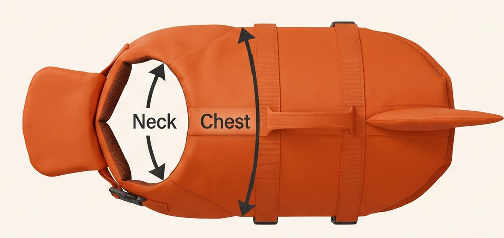 Where to measure: neck around the base of the neck, chest around the widest point behind the front legs
